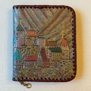 Vintage Tooled Genuine Leather Embossed Multi-Colored Zippered Wallet. EUC